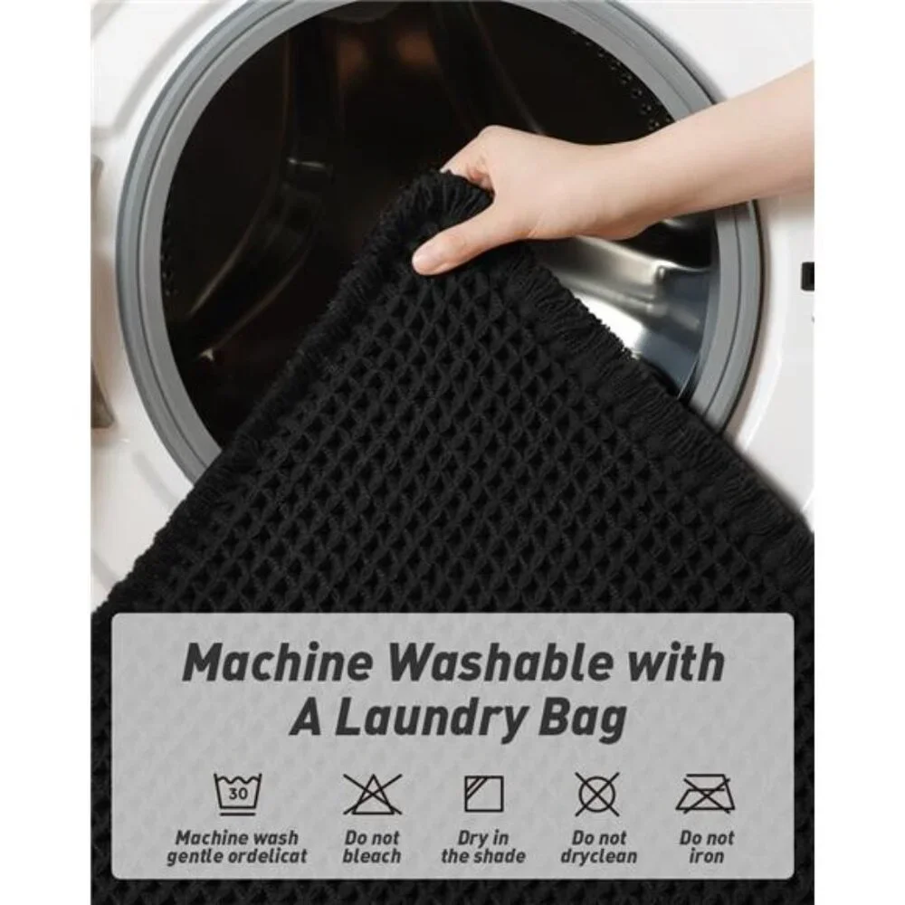 Black Waffle Bath Mat Non Slip Absorbent Soft Rubber Backed Bathroom Rug 17x24